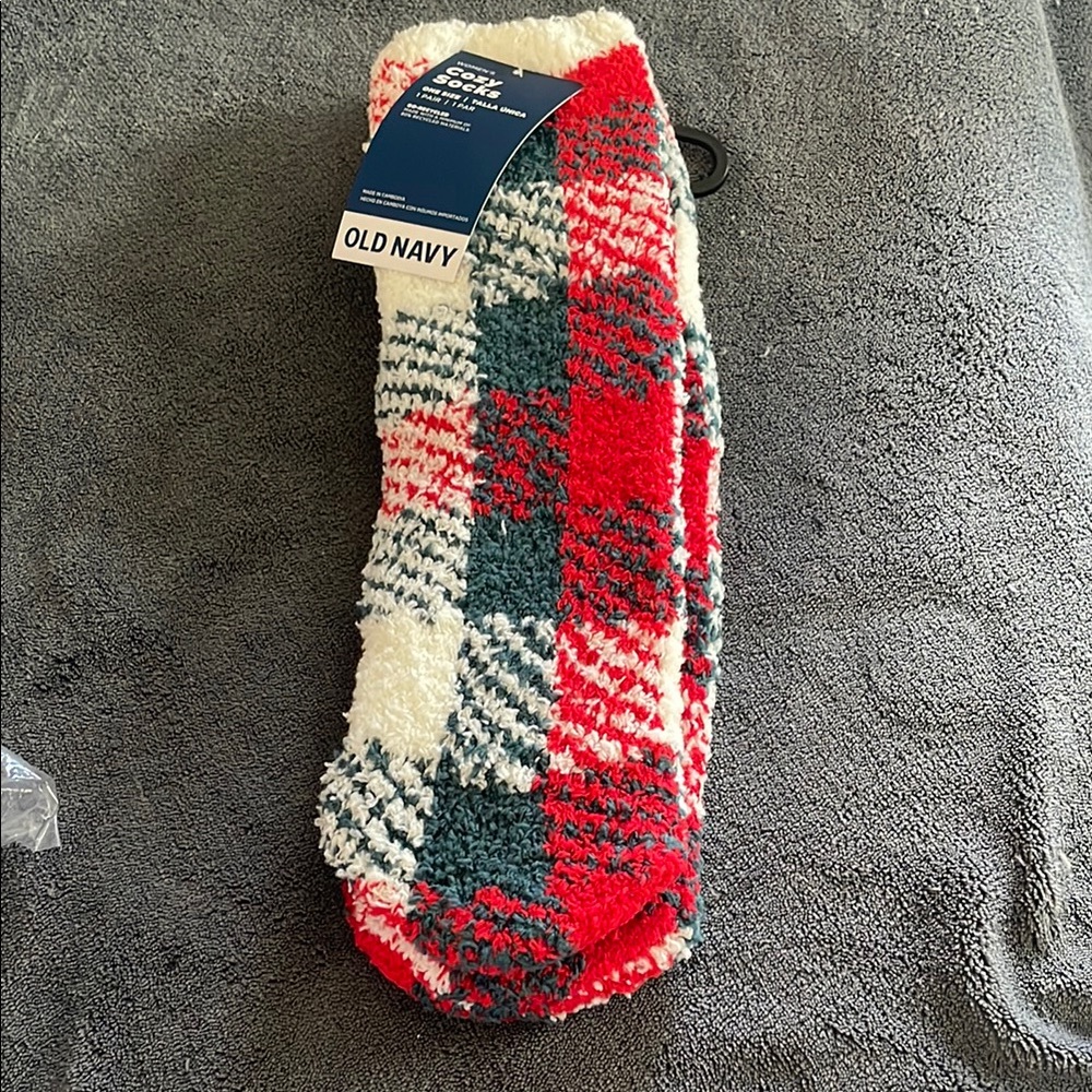 Old Navy Red, Green and White Plaid Cozy Fuzzy Socks
